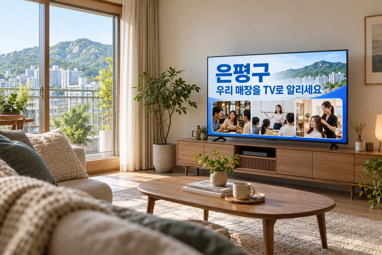 은평구 IPTV 광고 예시가 TV 화면에 나오는 거실 모습