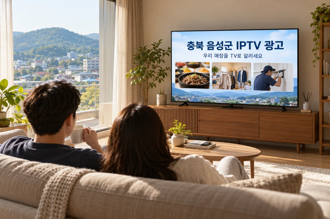 음성군 IPTV 광고 예시가 TV 화면에 나오는 거실 모습