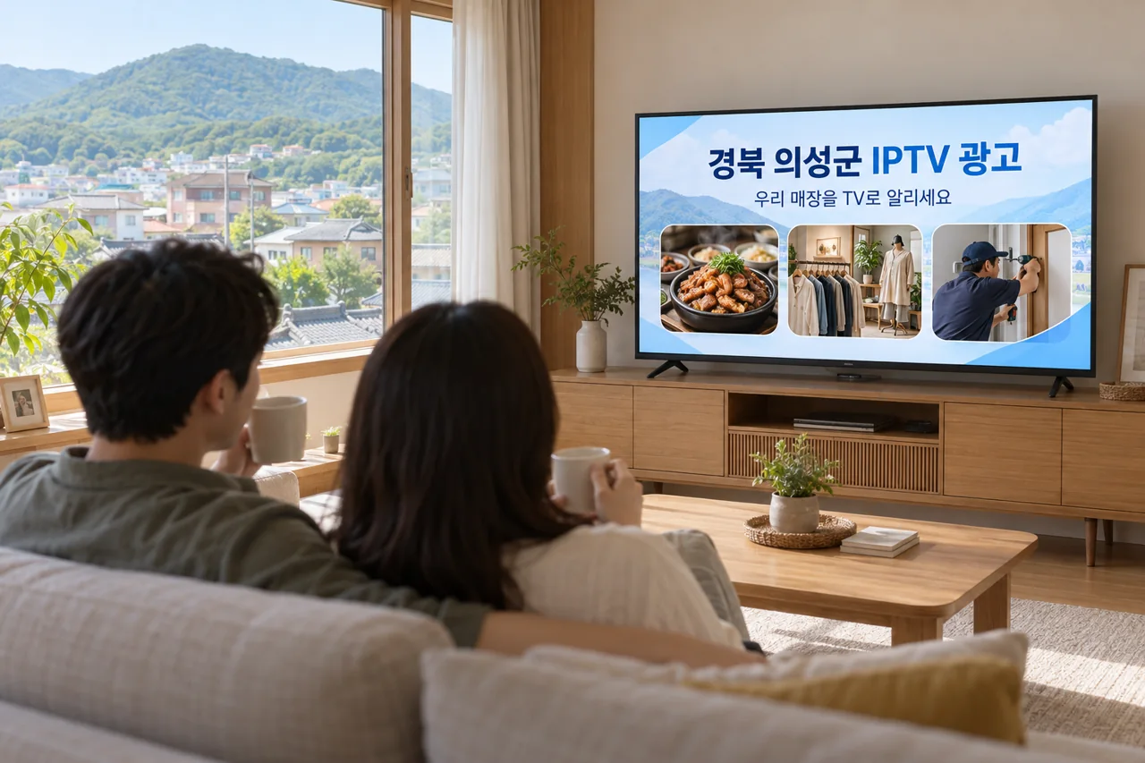 의성군 IPTV 광고 예시가 TV 화면에 나오는 거실 모습