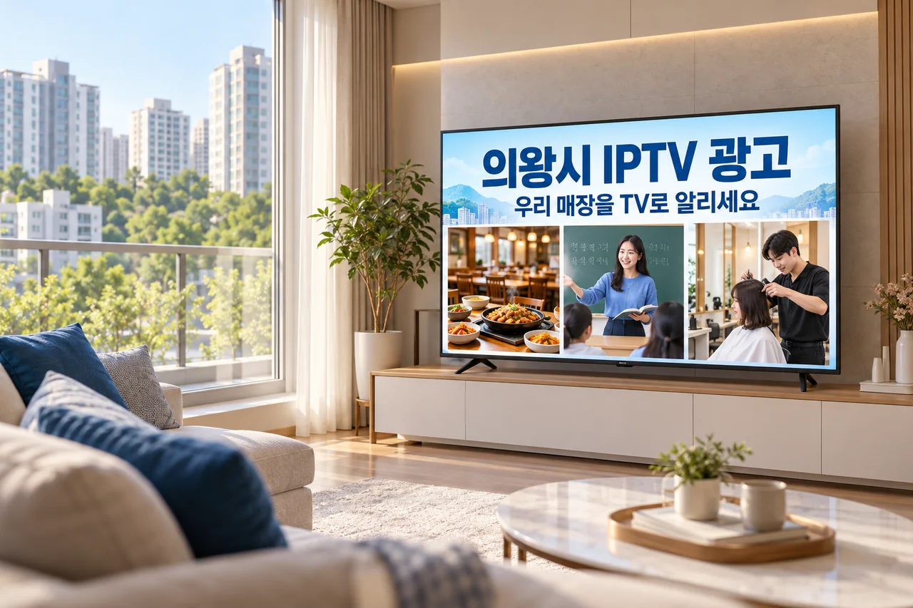 의왕시 IPTV 광고 예시가 TV 화면에 나오는 거실 모습