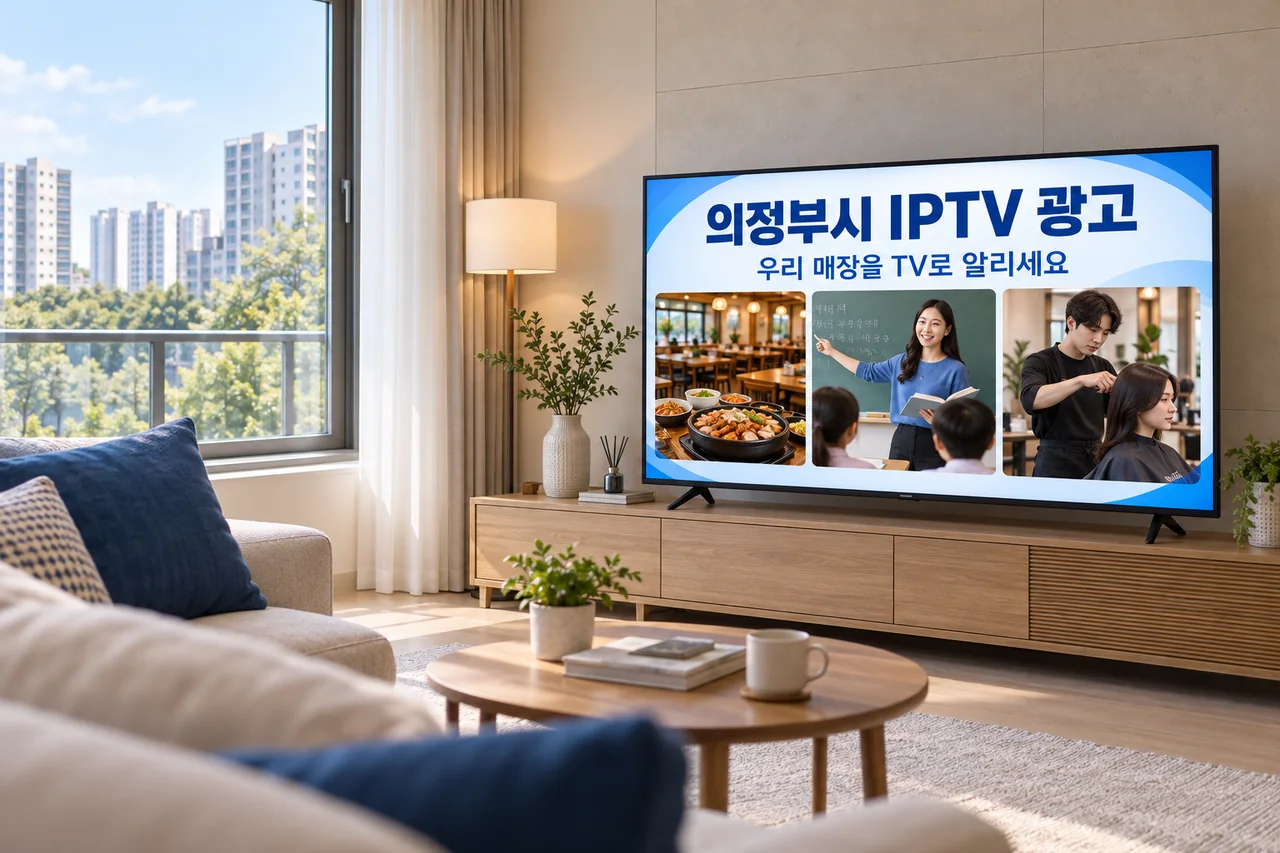 의정부시 IPTV 광고 예시가 TV 화면에 나오는 거실 모습