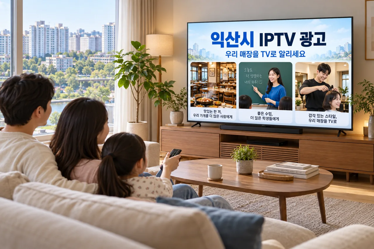 익산시 IPTV 광고 예시가 TV 화면에 나오는 거실 모습