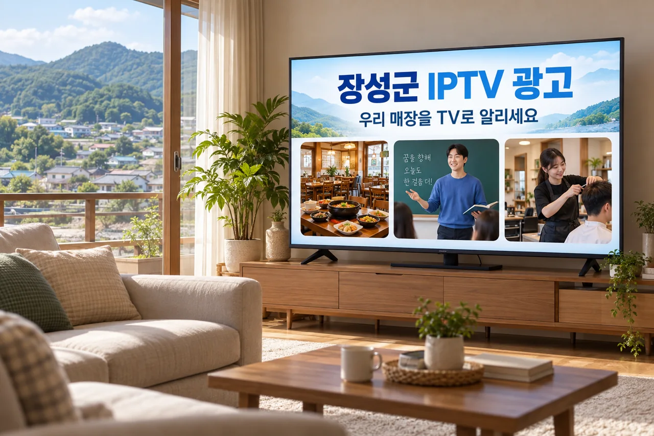 장성군 IPTV 광고 예시가 TV 화면에 나오는 거실 모습