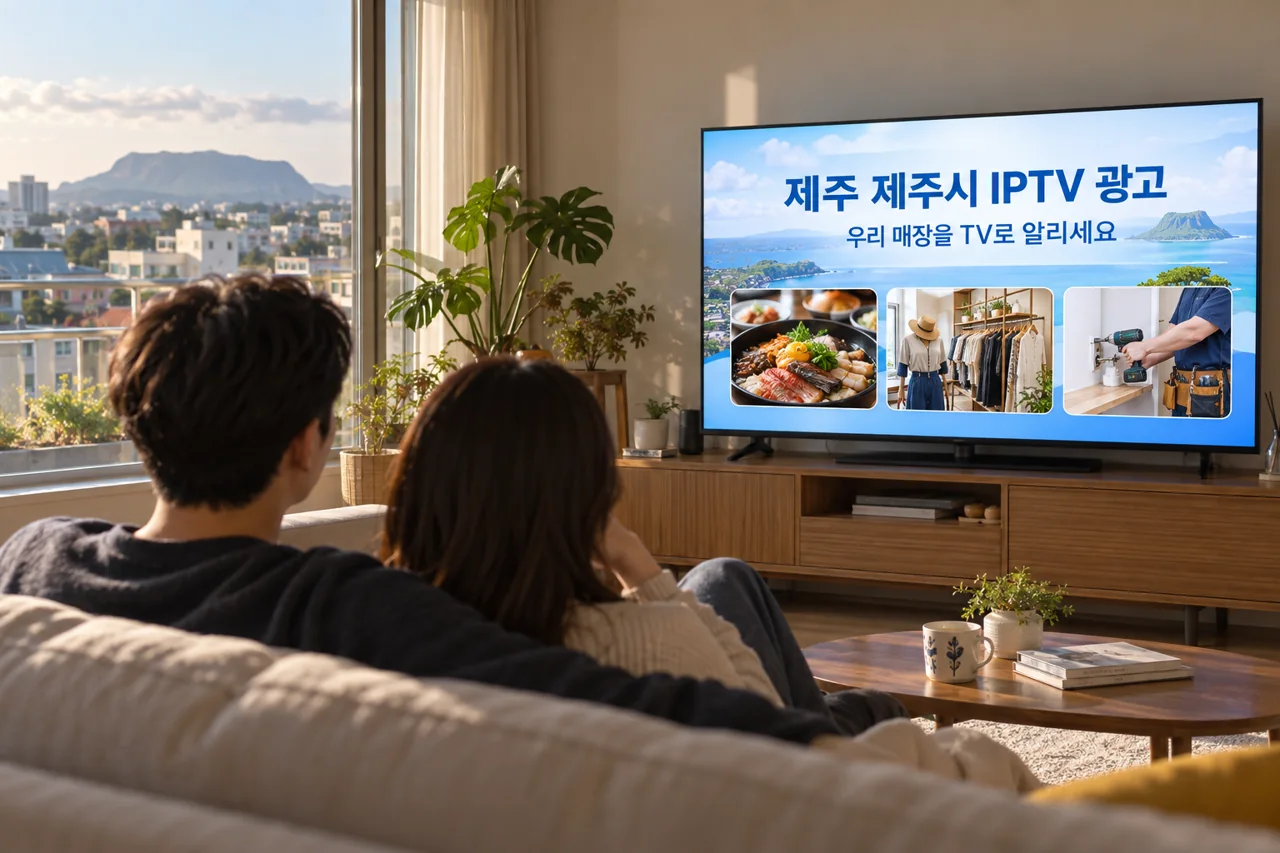 제주시 IPTV 광고 예시가 TV 화면에 나오는 거실 모습