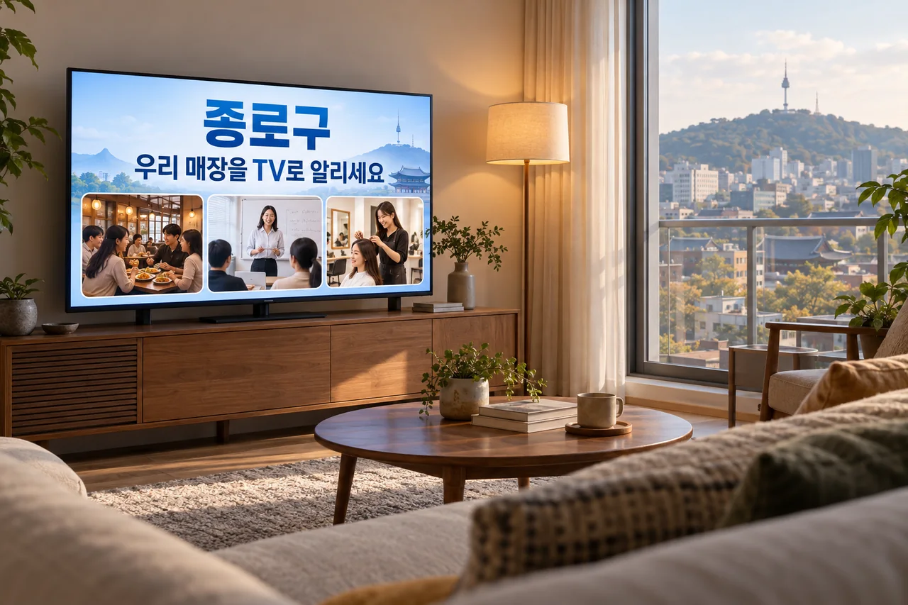 종로구 IPTV 광고 예시가 TV 화면에 나오는 거실 모습