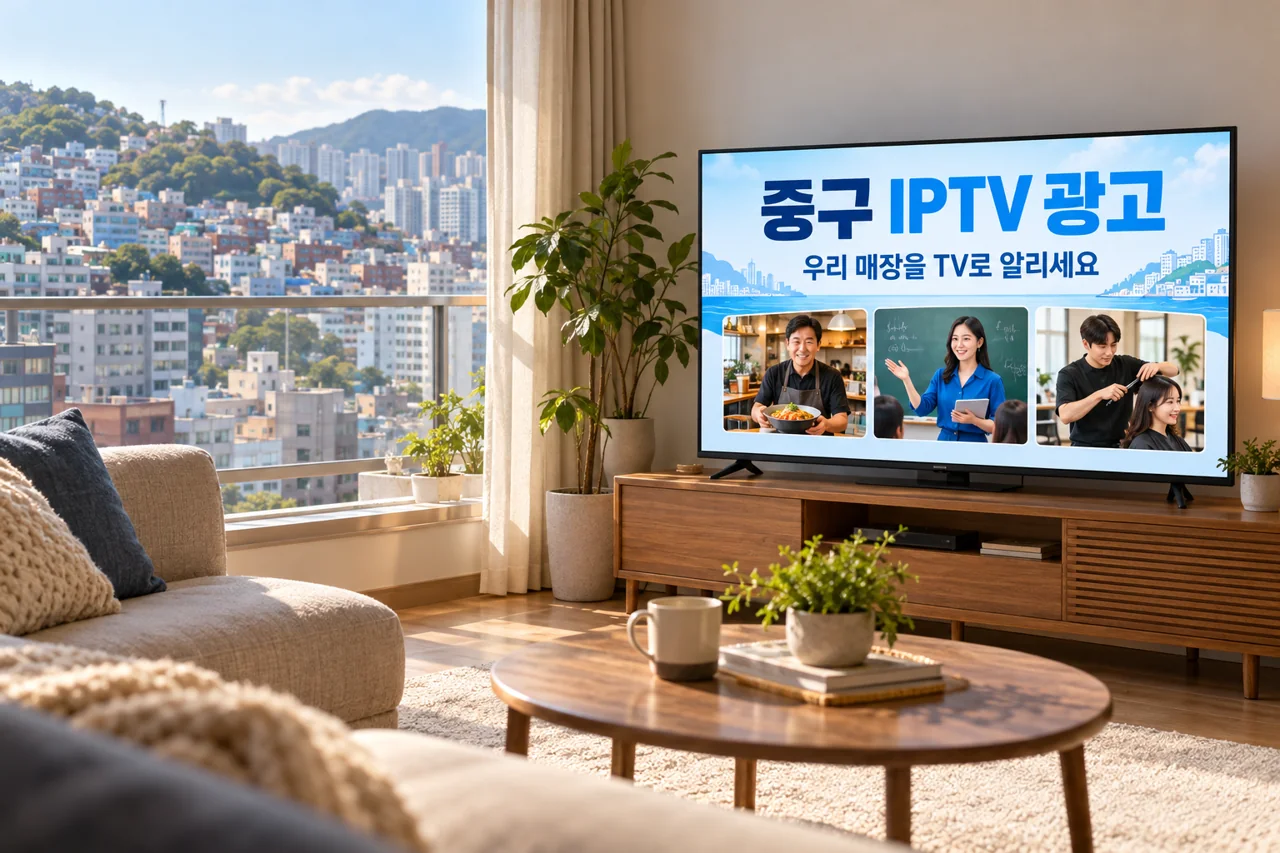 중구 IPTV 광고 예시가 TV 화면에 나오는 거실 모습