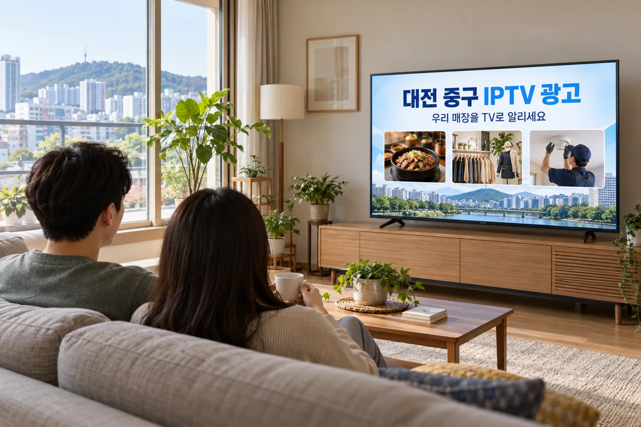 중구 IPTV 광고 예시가 TV 화면에 나오는 거실 모습