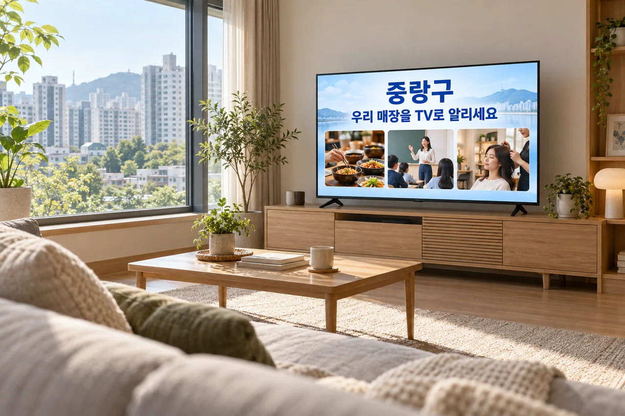 중랑구 IPTV 광고 예시가 TV 화면에 나오는 거실 모습