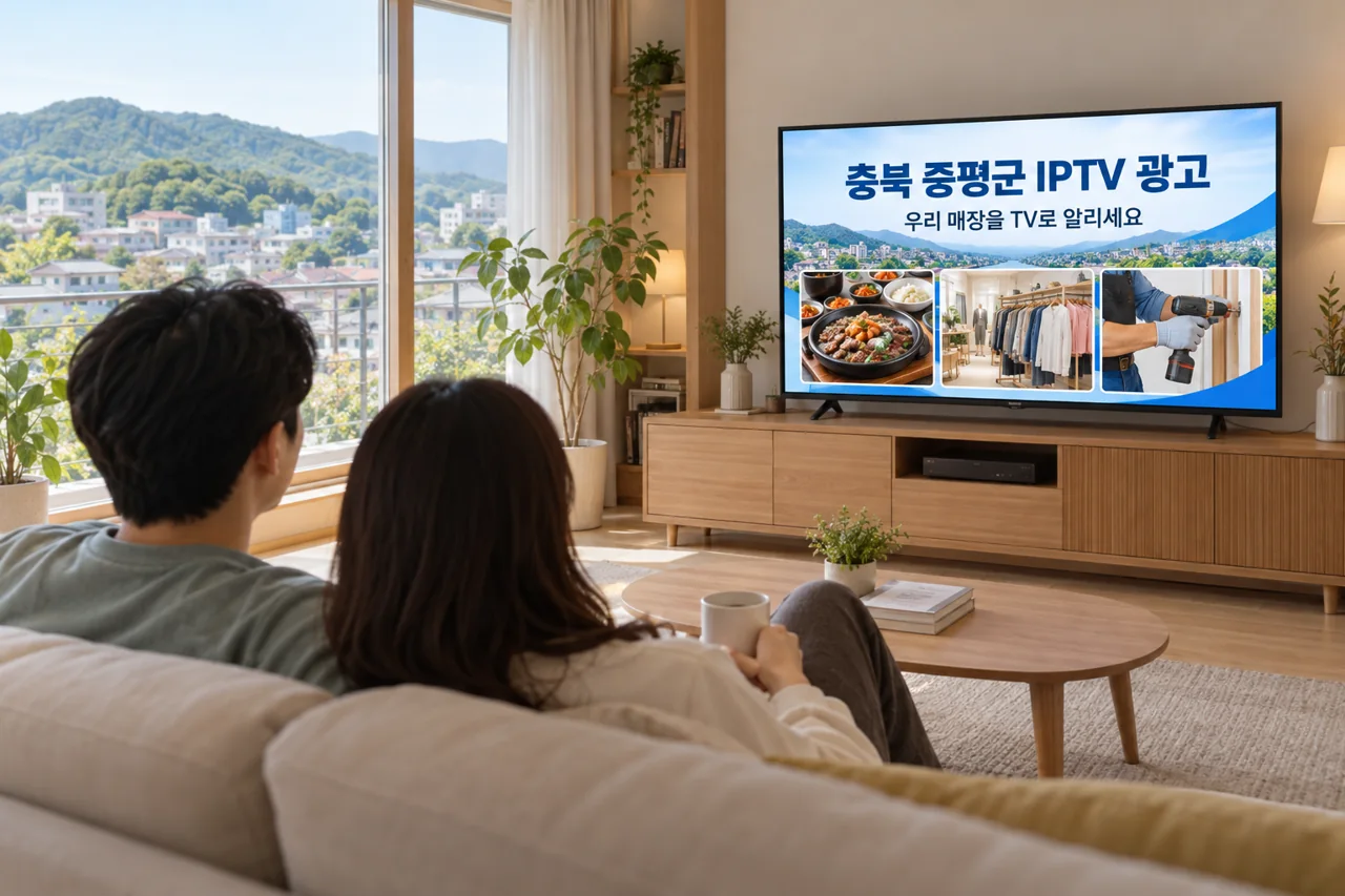 증평군 IPTV 광고 예시가 TV 화면에 나오는 거실 모습