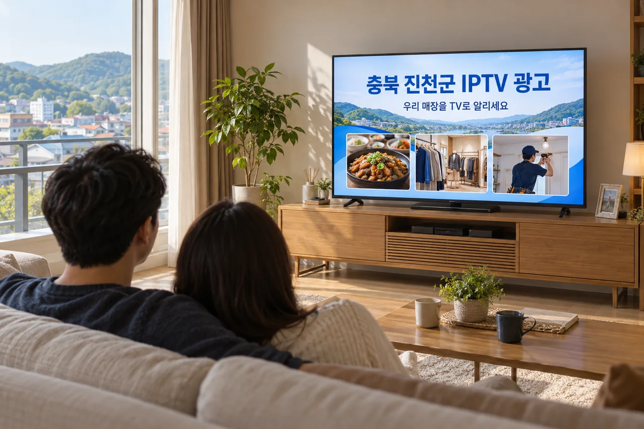 진천군 IPTV 광고 예시가 TV 화면에 나오는 거실 모습