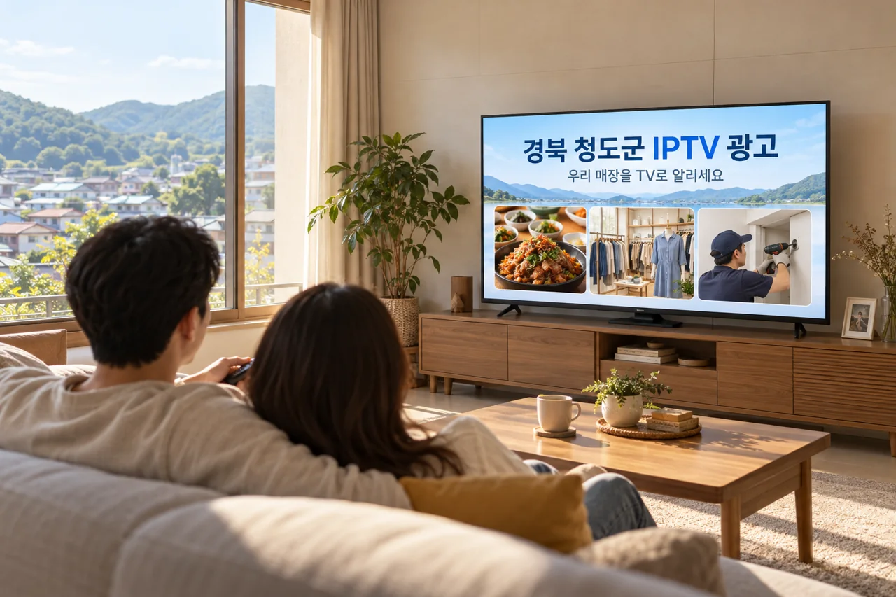 청도군 IPTV 광고 예시가 TV 화면에 나오는 거실 모습