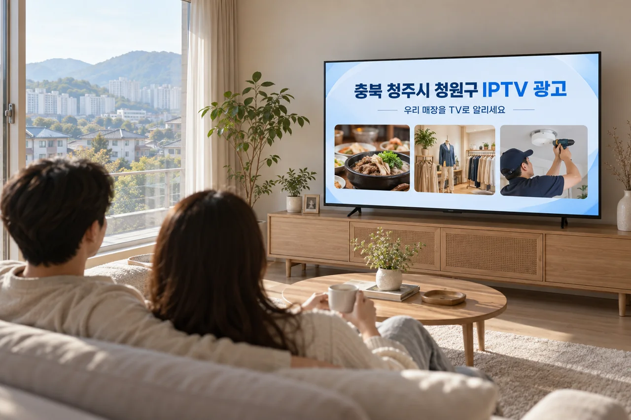 청원구 IPTV 광고 예시가 TV 화면에 나오는 거실 모습