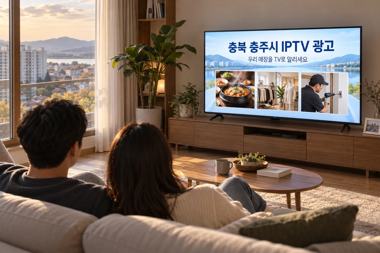 충주시 IPTV 광고 예시가 TV 화면에 나오는 거실 모습