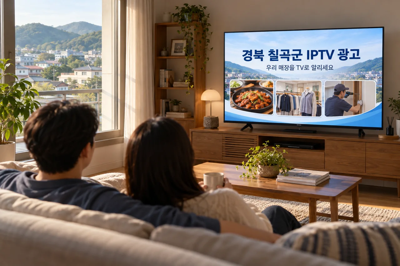 칠곡군 IPTV 광고 예시가 TV 화면에 나오는 거실 모습