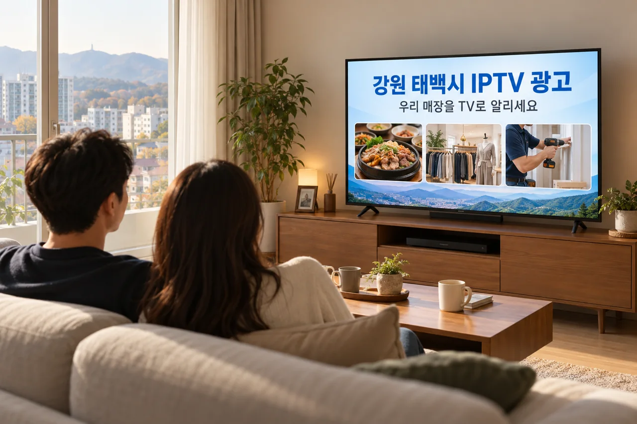 태백시 IPTV 광고 예시가 TV 화면에 나오는 거실 모습