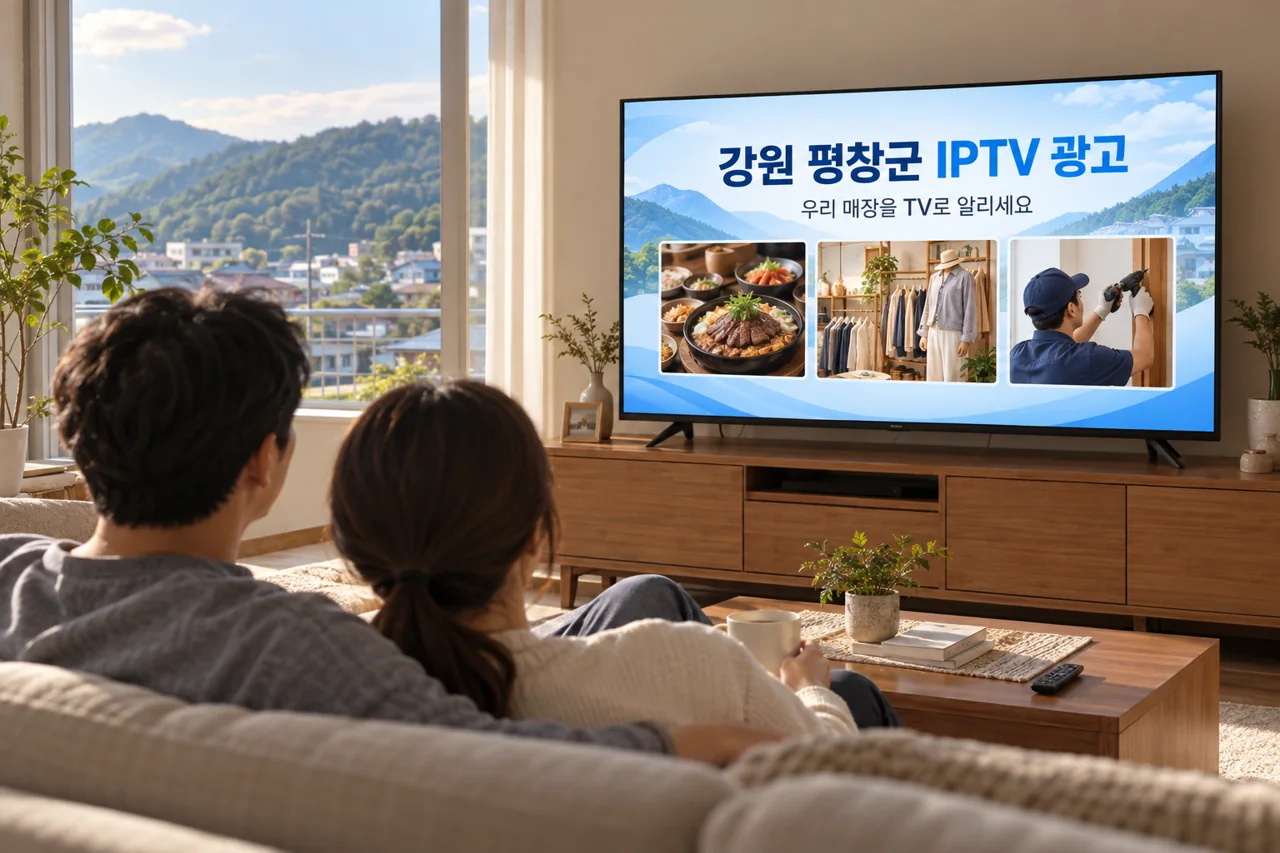 평창군 IPTV 광고 예시가 TV 화면에 나오는 거실 모습