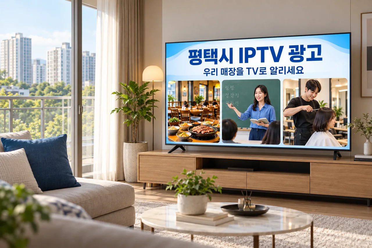 평택시 IPTV 광고 예시가 TV 화면에 나오는 거실 모습