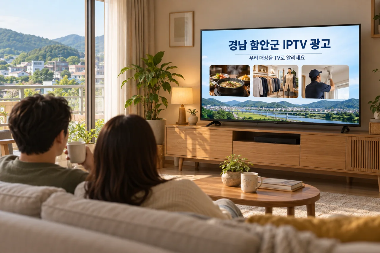 함안군 IPTV 광고 예시가 TV 화면에 나오는 거실 모습