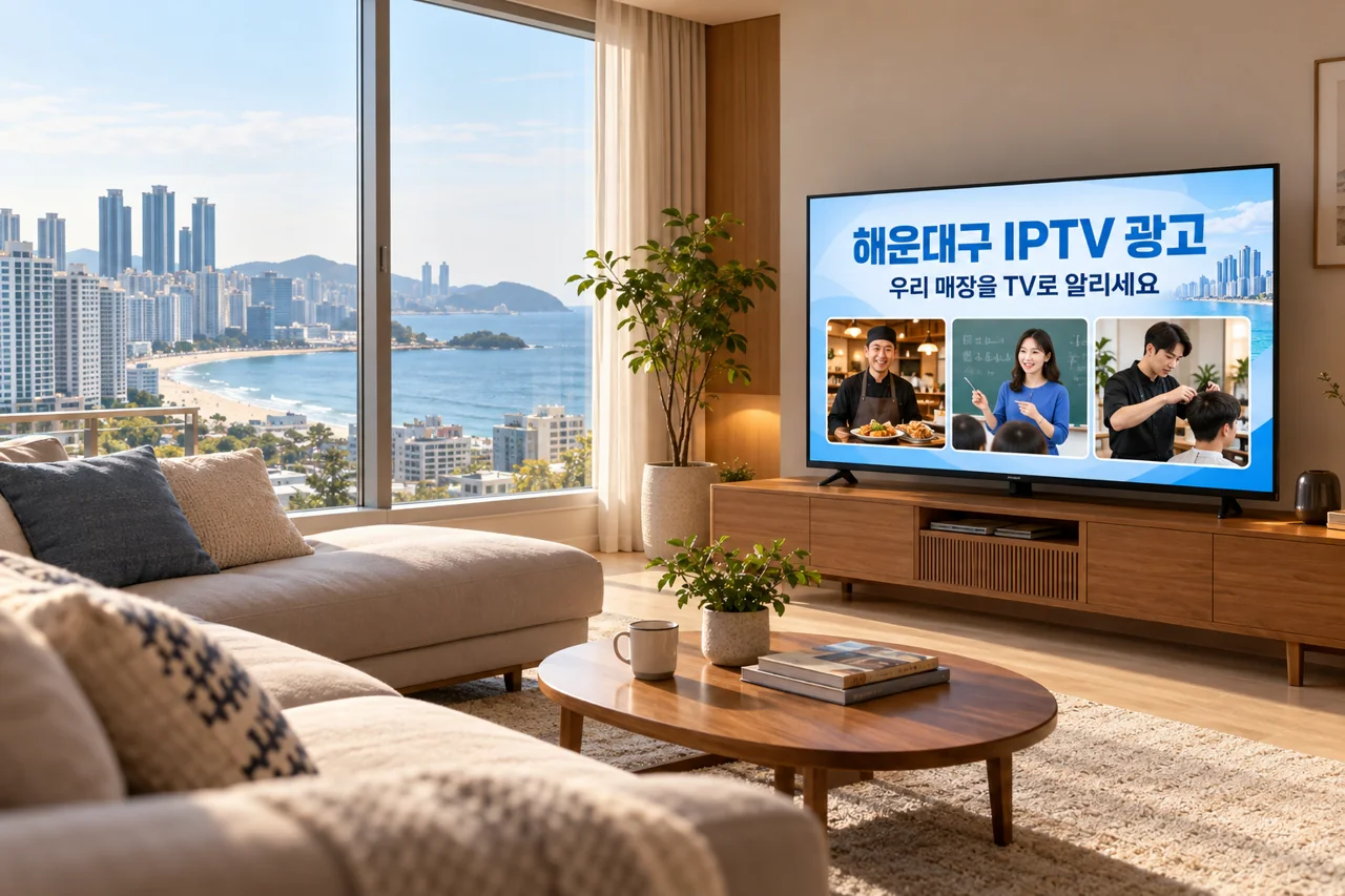 해운대구 IPTV 광고 예시가 TV 화면에 나오는 거실 모습