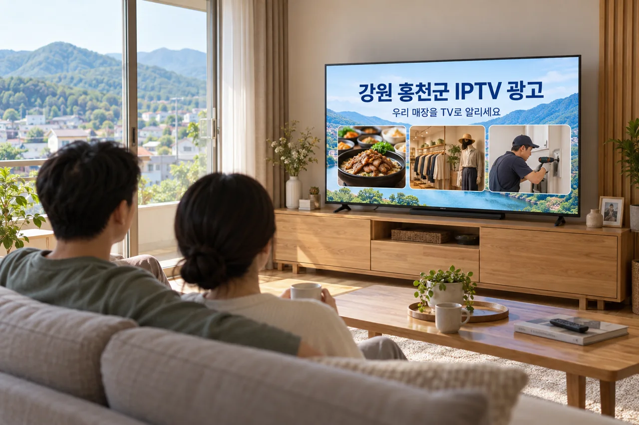 홍천군 IPTV 광고 예시가 TV 화면에 나오는 거실 모습