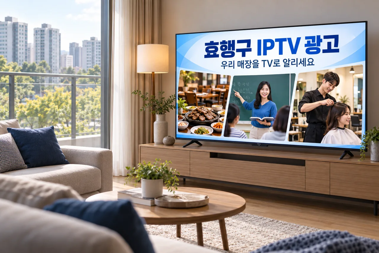 효행구 IPTV 광고 예시가 TV 화면에 나오는 거실 모습