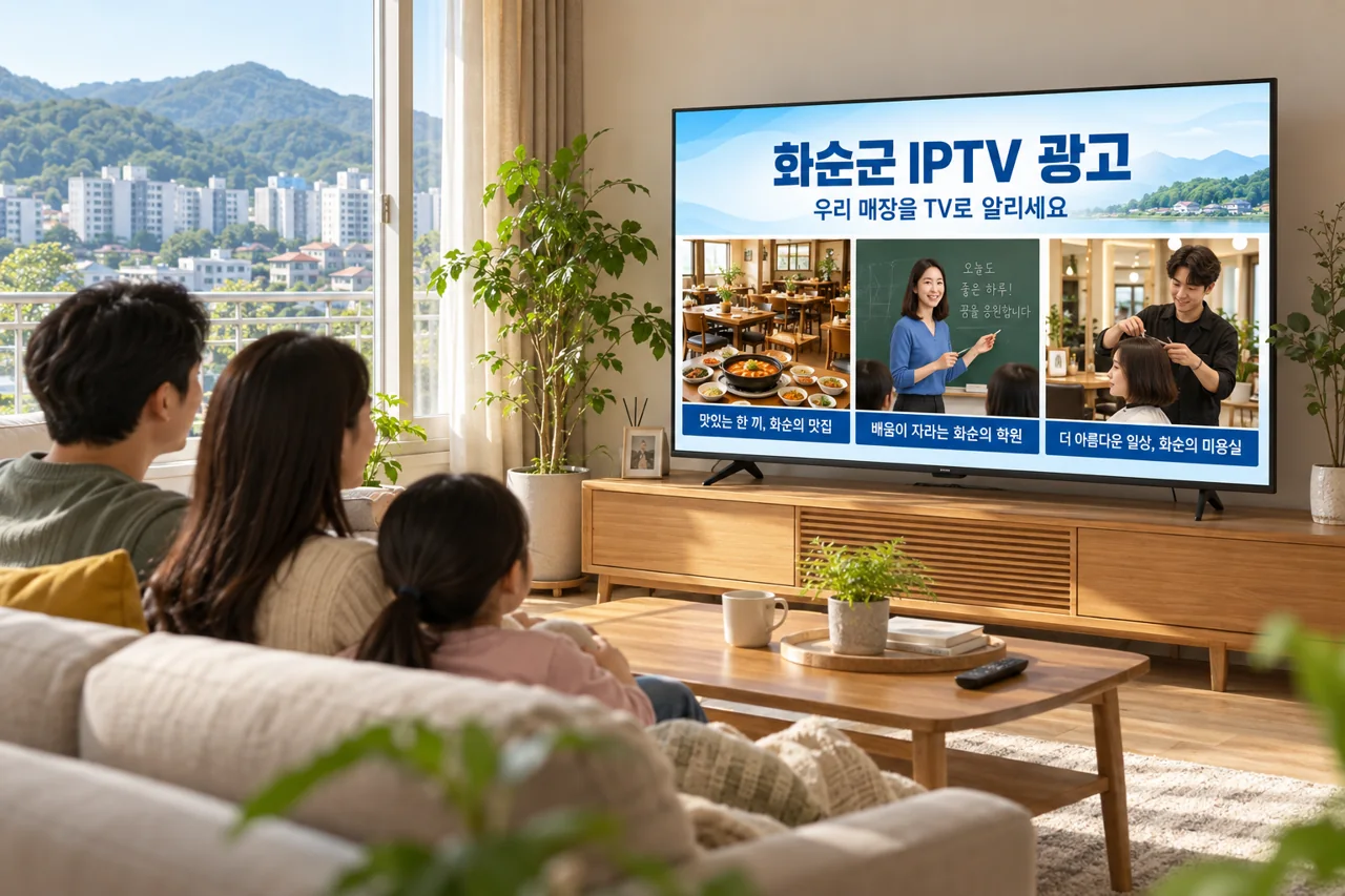 화순군 IPTV 광고 예시가 TV 화면에 나오는 거실 모습