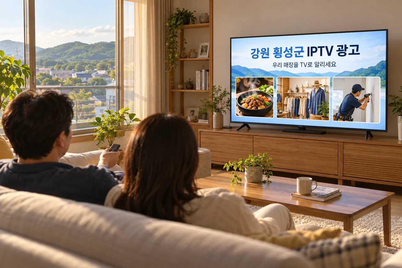 횡성군 IPTV 광고 예시가 TV 화면에 나오는 거실 모습