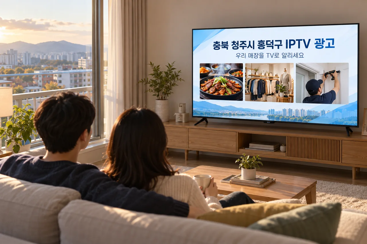 흥덕구 IPTV 광고 예시가 TV 화면에 나오는 거실 모습